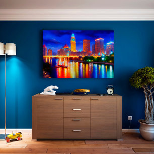 city neon river skyscraper bright colourful art poster