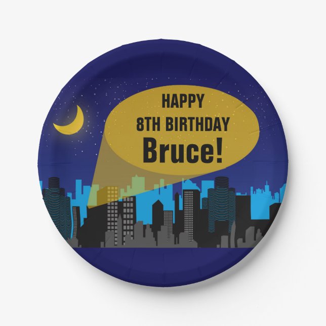 City Night Skyline Superhero Boys Birthday Party Paper Plate (Front)