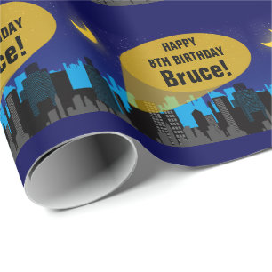 City Night Skyline Superhero Boys Birthday Party Wrapping Paper