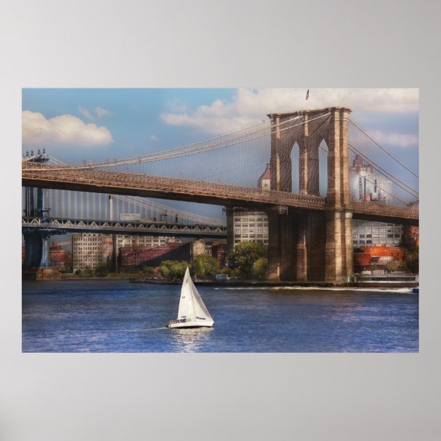 City - NY - Sailing under the Brooklyn Bridge Poster (Front)