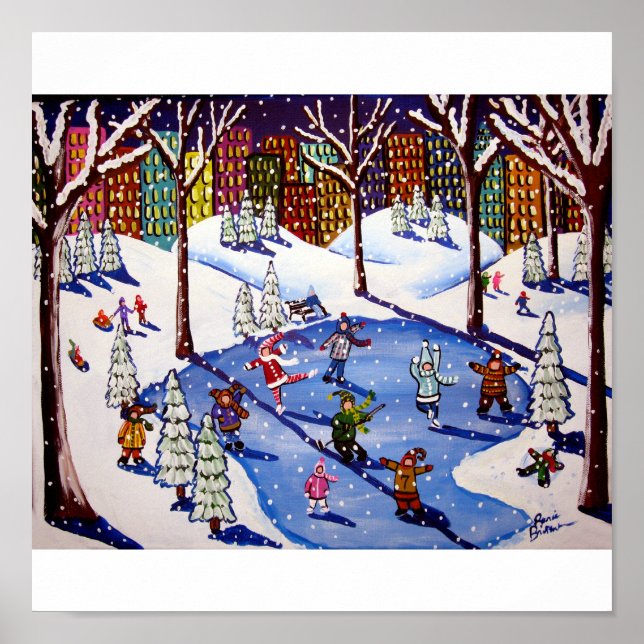 City NYC Ice Skating Fun Winter Folk Art Print (Front)