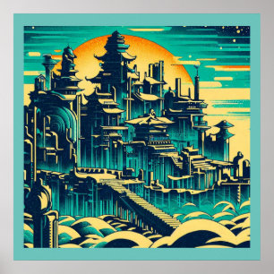 City of Atlantis 1 - Woodblock Style Poster