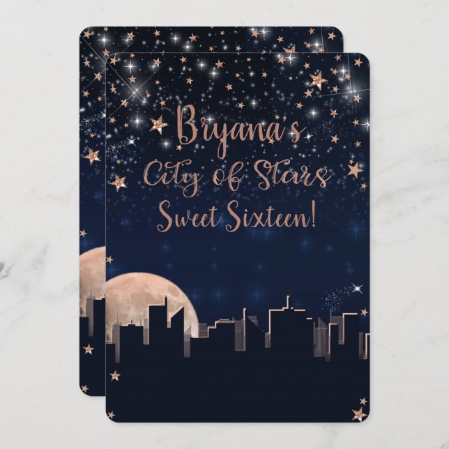 City of Stars Rose Gold Stars Blue Celestial Sky Invitation (Front/Back)