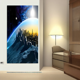 City on a space rock   AI Art Poster