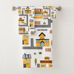 City Road Map Pattern for Kids Yellow and Grey Bath Towel Set