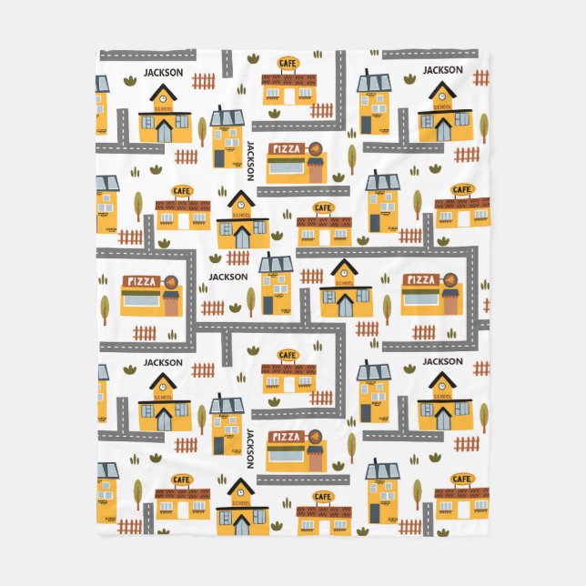 City Road Map Pattern for Kids Yellow and Grey Fleece Blanket (Front)