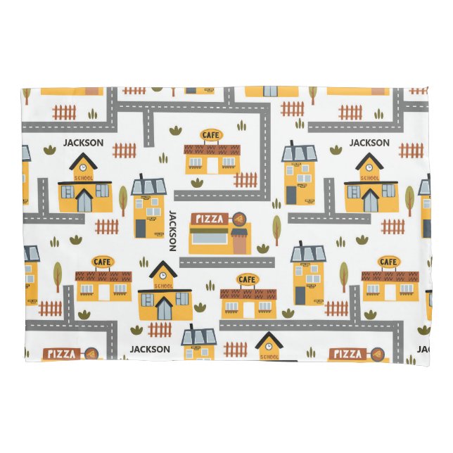 City Road Map Pattern for Kids Yellow and Grey Pillowcase (Front)