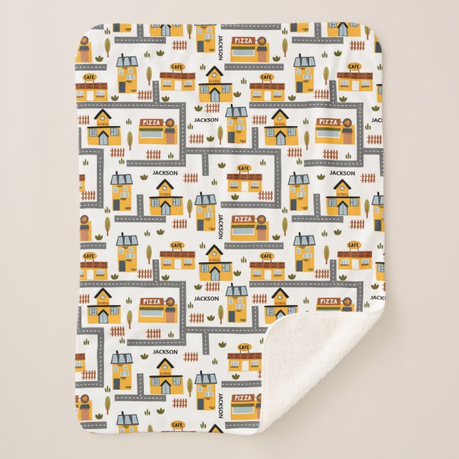 City Road Map Pattern for Kids Yellow and Grey Sherpa Blanket (Front)