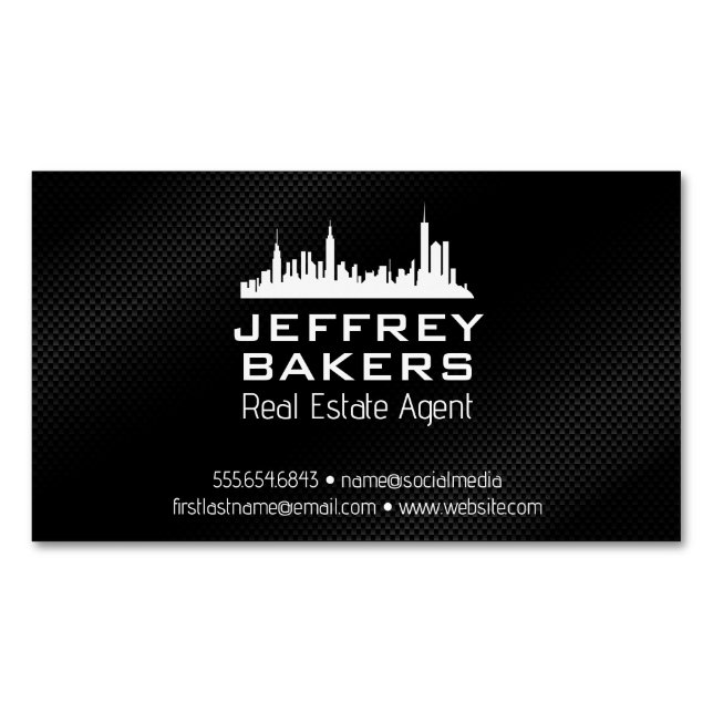 City Skyline | Black Texture Magnetic Business Card (Front)