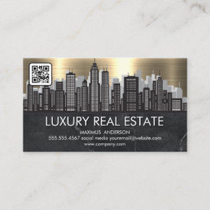 City Skyline   Metallic Gold Marble   QR Code Business Card