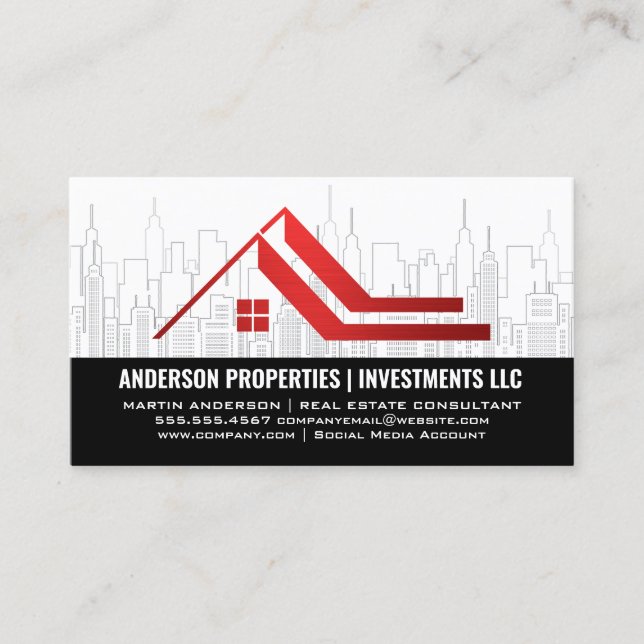 City Skyline | Red Realtor Logo Business Card (Front)