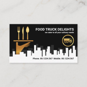 City Skyline Silhouette Gold Waiter Hand Catering Business Card