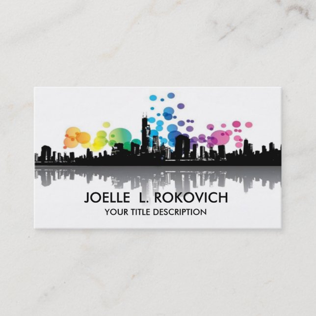 City Skyline Silhouette Rainbow Bubbles Business Card (Front)