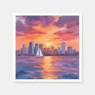 City Skyline Sunset Reflection Watercolor Painting Napkin