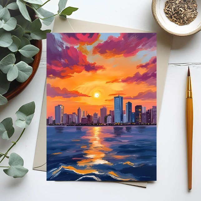 City Skyline Sunset Watercolor Postcard (Creator Uploaded)