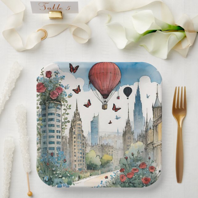 City Skyling Roses Butterflies And Hot Air Balloon Paper Plate (Wedding)