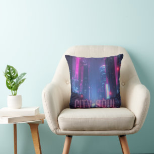 CITY SOUL – Neon Cyberpunk Skyline Design Cushion