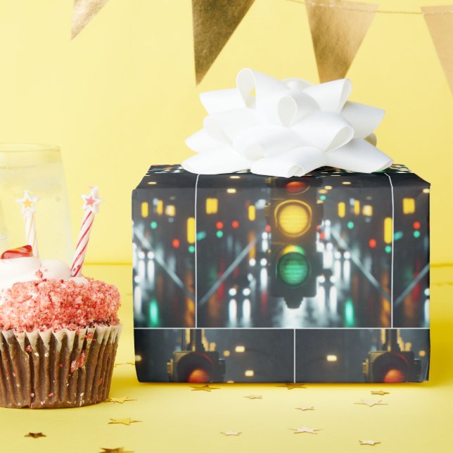 City Traffic Light At Night Wrapping Paper (Birthday Party)