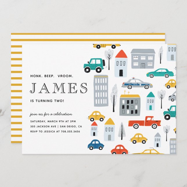 City Transportation Boy Cars Second Birthday Party Invitation (Front/Back)
