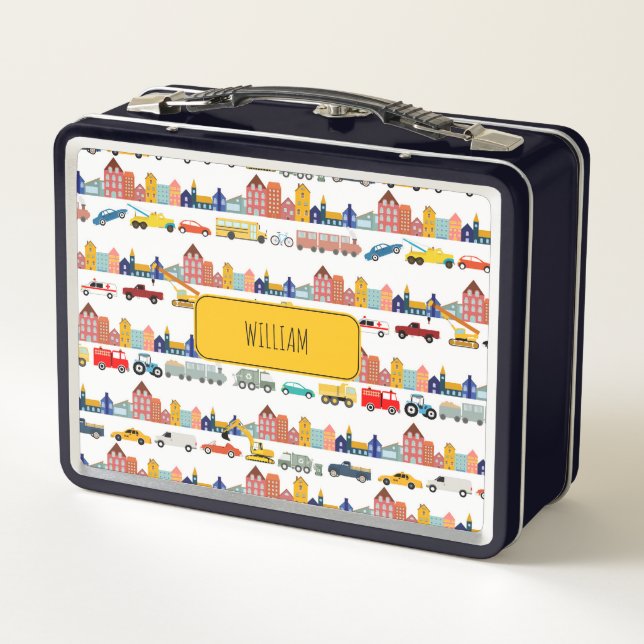 City Transportation Vehicles Kids Custom Name  Metal Lunch Box (Back)