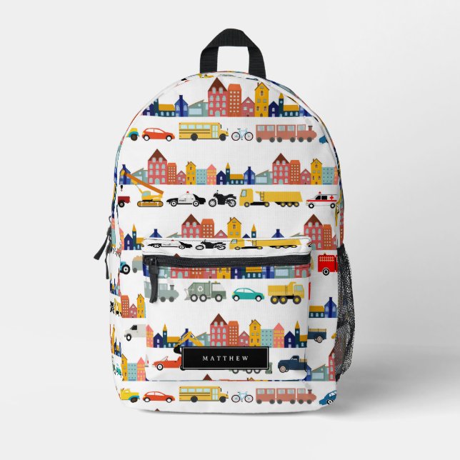 City Transportation Vehicles Trucks Cars Kids Printed Backpack (Front)