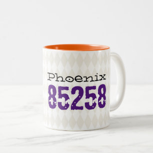 City Zip Code Moving New Home Harlequin Pattern Two-Tone Coffee Mug