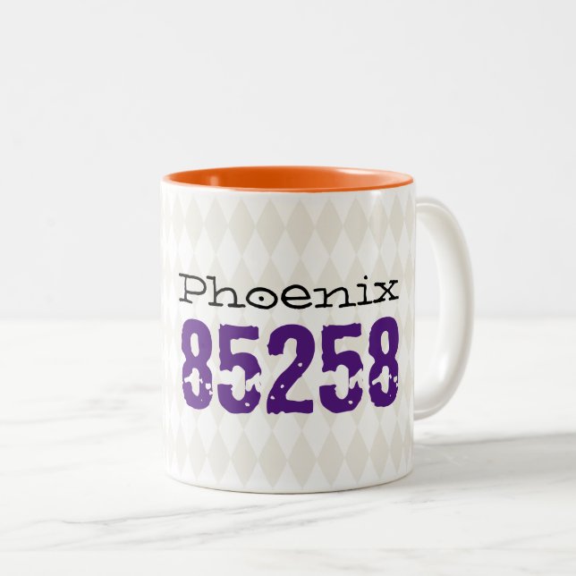 City Zip Code Moving New Home Harlequin Pattern Two-Tone Coffee Mug (Front Right)