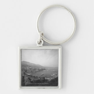 Cityscape at harbour B&W elevated view Key Ring