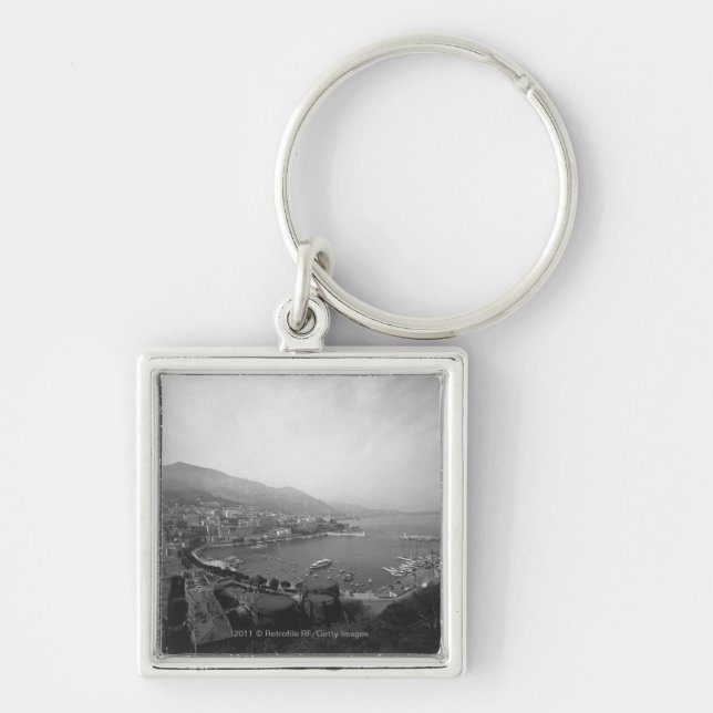 Cityscape at harbour B&W elevated view Key Ring (Front)