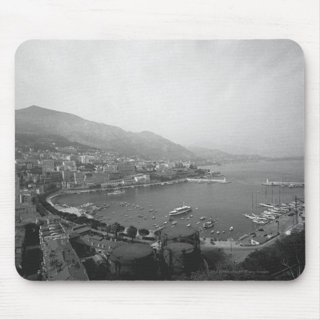 Cityscape at harbour B&W elevated view Mouse Pad (Front)
