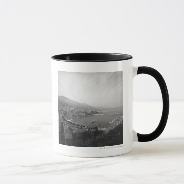 Cityscape at harbour B&W elevated view Mug (Right)