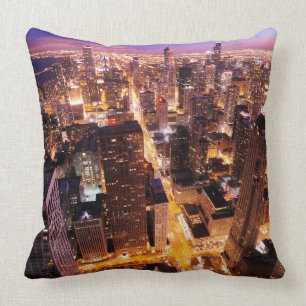 Cityscape at night of Chicago Cushion