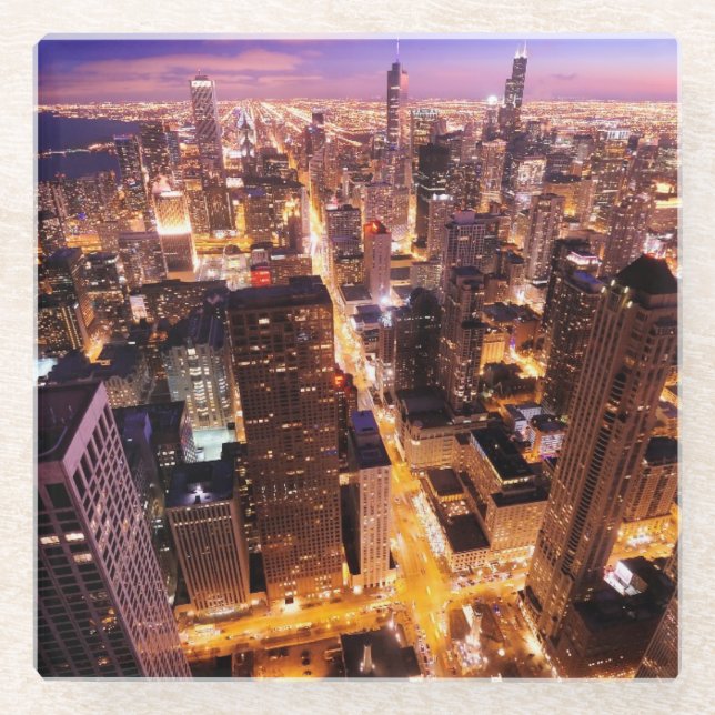 Cityscape at night of Chicago Glass Coaster (Front)