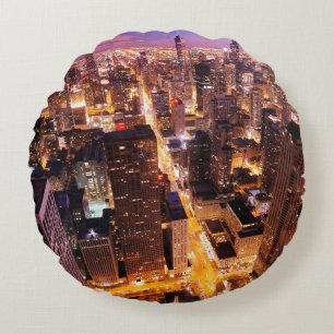 Cityscape at night of Chicago Round Cushion