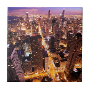 Cityscape at night of Chicago Tile