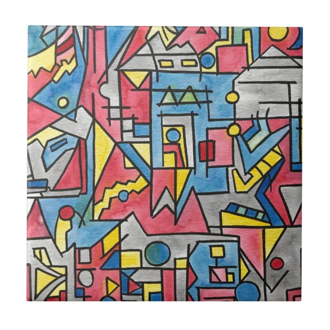 Cityscape-Modern Bauhaus Geometric Watercolor Art Ceramic Tile (Front)