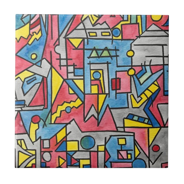 Cityscape-Modern Geometric Watercolor Art Ceramic Tile (Front)