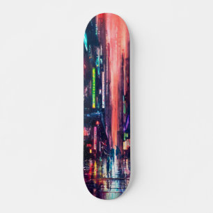 CityScape Neon Lights in Rain Design Skateboard