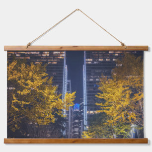 Cityscape Night Lights and Autumn Trees Hanging Tapestry