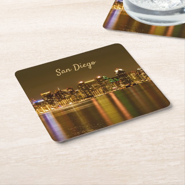 Cityscape Skyline Night California San Diego Square Paper Coaster (Angled)