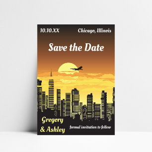Cityscape Skyscraper Aeroplane in Sky Retro Sunset Save The Date