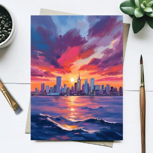 Cityscape Sunset   City Skyline Watercolor Postcard