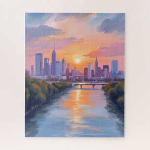 Cityscape Sunset Watercolor Painting Jigsaw Puzzle
