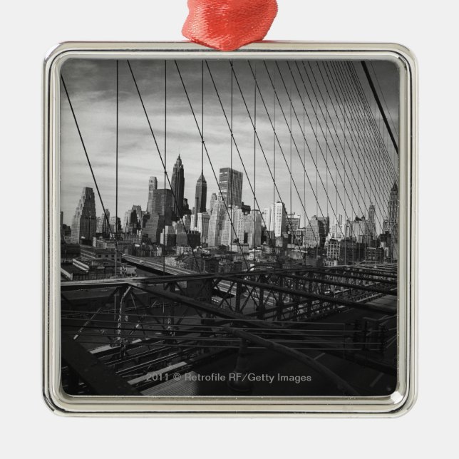 Cityscape through bridge cables metal ornament (Front)