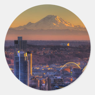 Cityscape view of Seattle downtown, football Classic Round Sticker