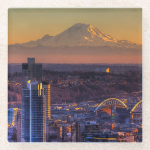 Cityscape view of Seattle downtown, football Glass Coaster
