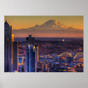 Cityscape view of Seattle downtown, football Poster