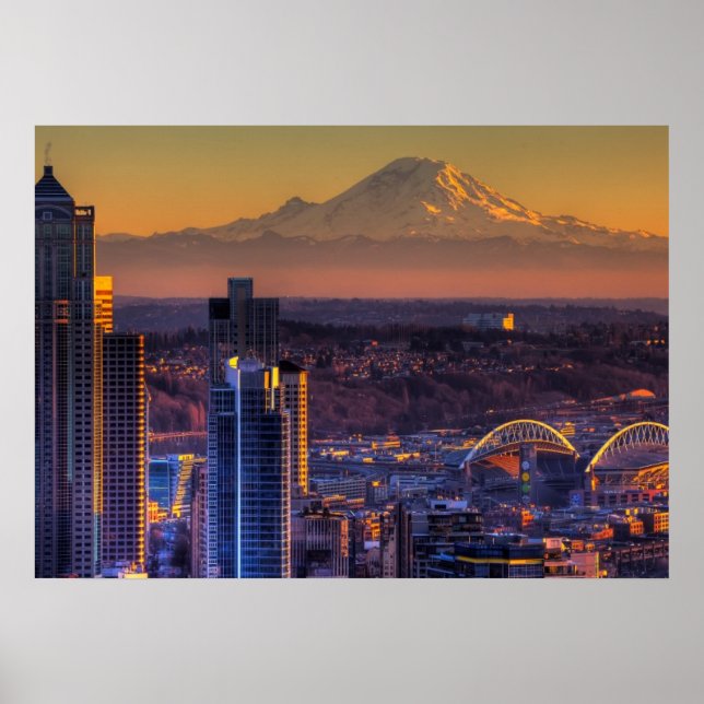 Cityscape view of Seattle downtown, football Poster (Front)