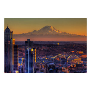 Cityscape view of Seattle downtown, football Poster