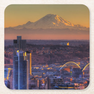 Cityscape view of Seattle downtown, football Square Paper Coaster